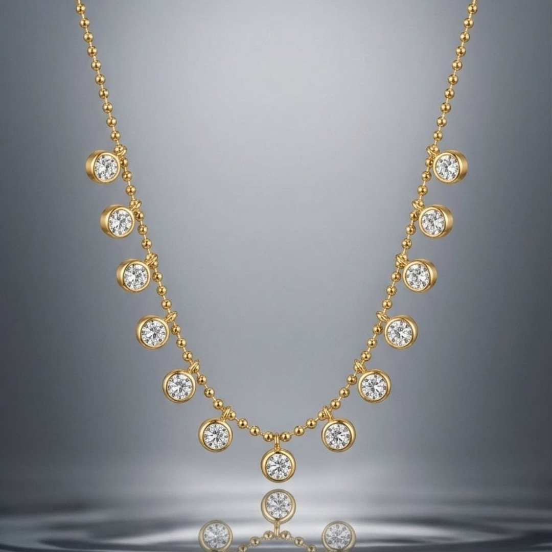 Elegance Redefined:  Gold Plated Bezel-Set Zirconia Shimmer Dangle Necklace