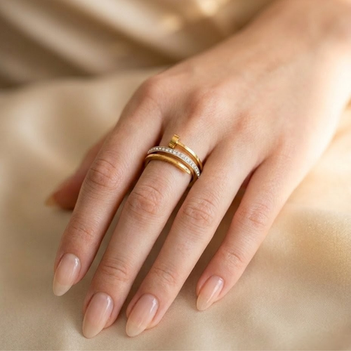 Elegant Gold-Plated Double Layer Nail Wrap Ring with Crystal Accents – Premium Stainless Steel Statement Ring for Women (Sizes 6, 7, 8)