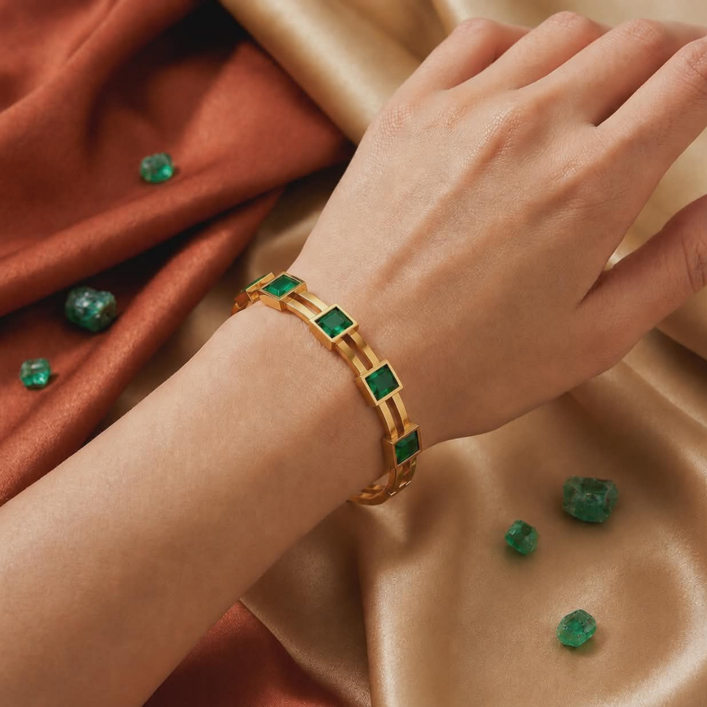 Luxury Gold Handcuff Bracelet for Women – Emerald & Crystal Stone Designer Jewelry | Premium Statement Accessory