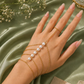 Anja Boho Chic Multi-Layer Pearl Hand Chain Bracelet – Gold Plated Slave Bracelet with Connected Ring Harness for Women