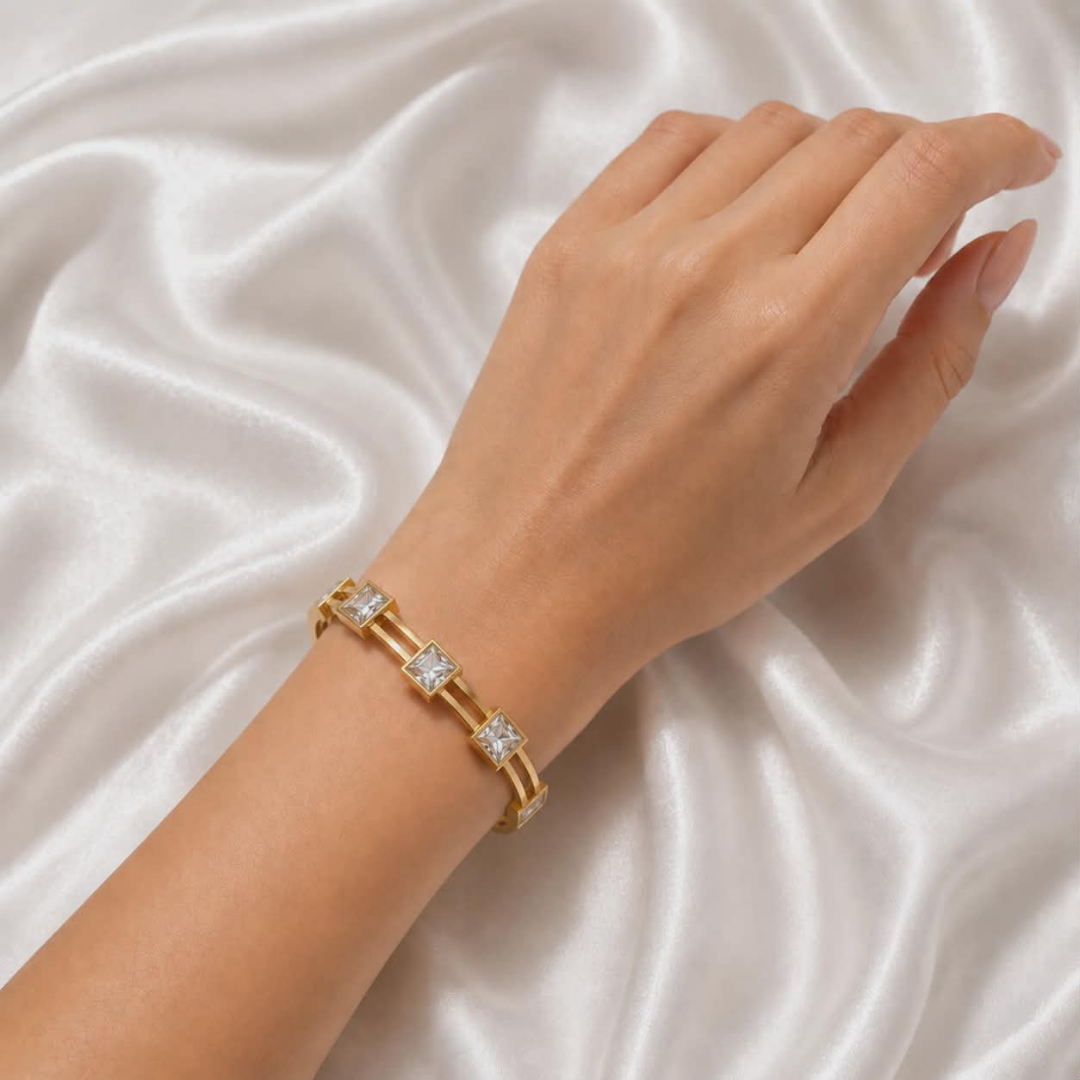 Luxury Gold Handcuff Bracelet for Women – Emerald & Crystal Stone Designer Jewelry | Premium Statement Accessory