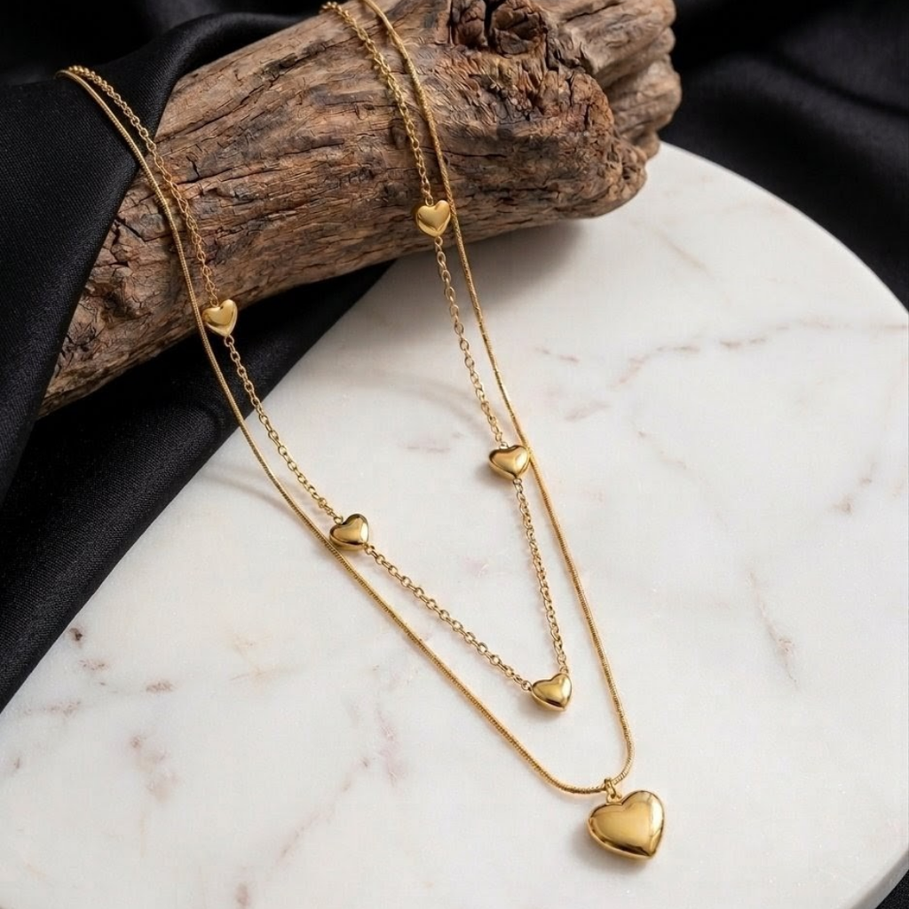 Elegant Layered Gold Heart Necklace for Women – Dainty Multi Layer Pendant Chain Jewelry | Trendy Luxury Fashion Accessory