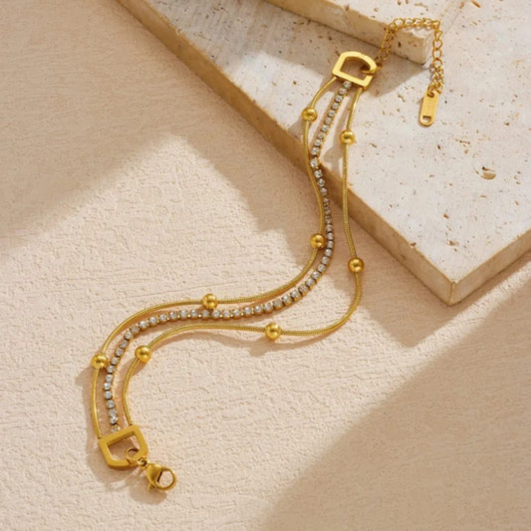 Elegant Gold Double Layer Bracelet with Crystal Accents | Adjustable Chain Bracelet for Women | Minimalist Luxury Jewelry Gift