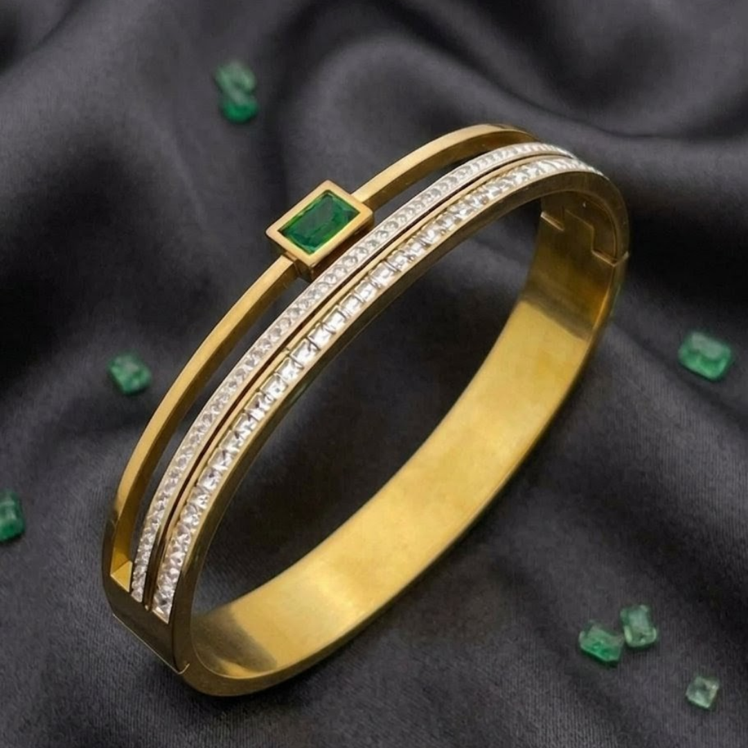 Luxury Gold Emerald Handcuff Bracelet for Women – Diamond Crystal Cuff Bangle | Premium Stainless Steel Designer Jewelry