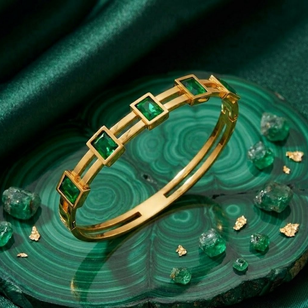 Luxury Gold Handcuff Bracelet for Women – Emerald & Crystal Stone Designer Jewelry | Premium Statement Accessory