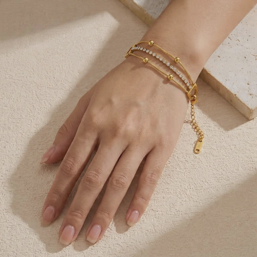 Elegant Gold Double Layer Bracelet with Crystal Accents | Adjustable Chain Bracelet for Women | Minimalist Luxury Jewelry Gift