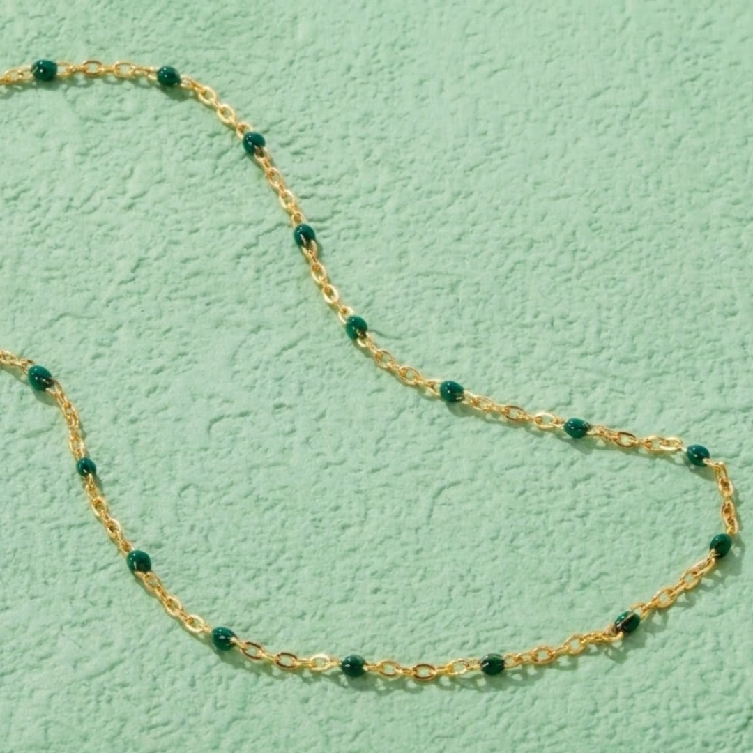 Emerald Essence |  Gold Plated Minimalist Green Beaded Satellite Chain Necklace