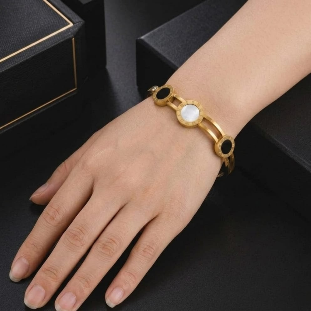 Luxury Gold Roman Circle Handcuff Bracelet for Women | Stainless Steel Designer Cuff Bangle Jewelry