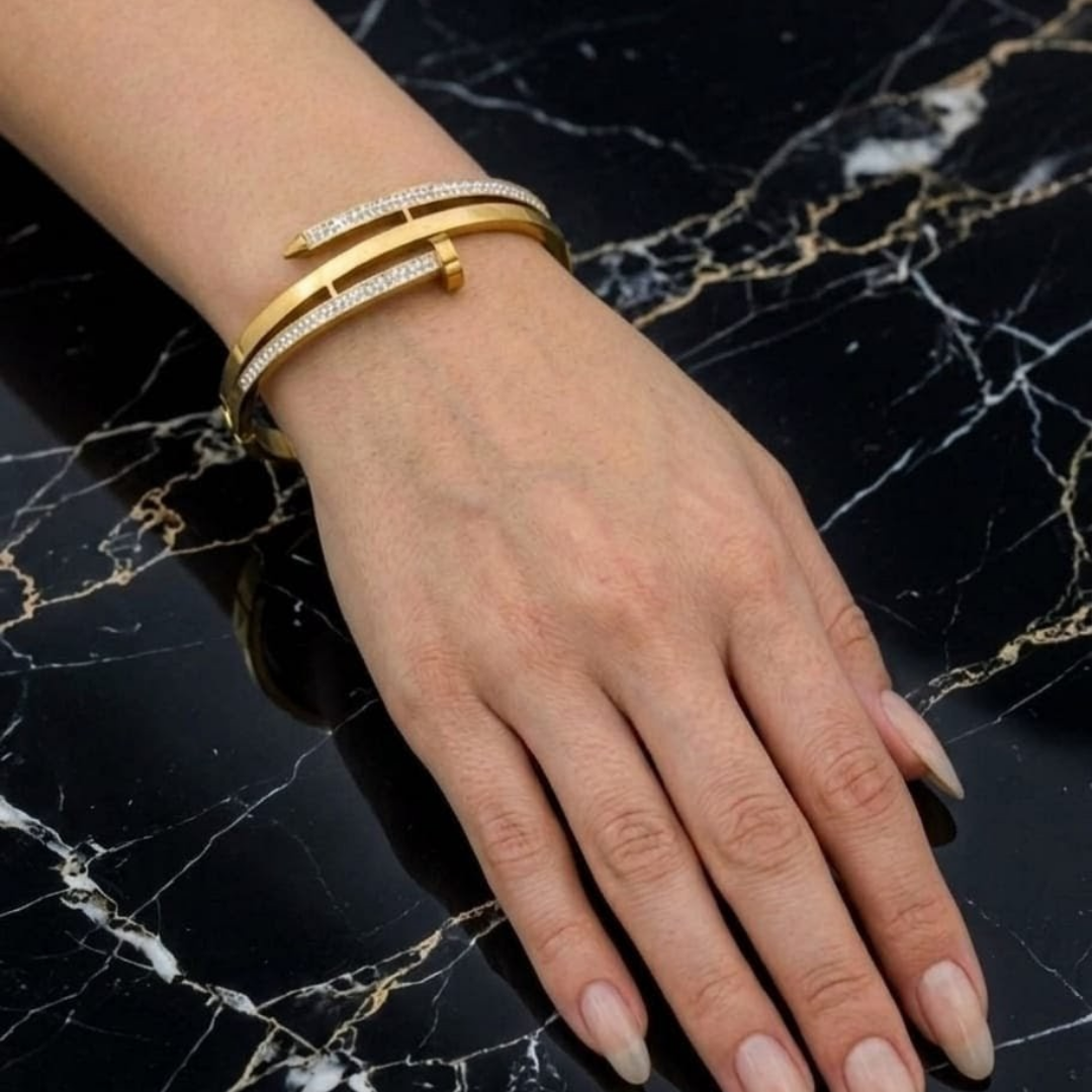 Luxury Gold Nail Handcuff Bracelet for Women – Crystal Studded Designer Cuff Bracelet | Premium Stainless Steel Jewelry