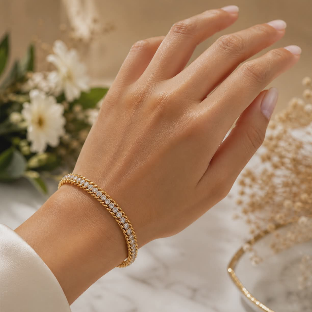 Luxury Gold-Plated Crystal Tennis Chain Bracelet for Women – Elegant Sparkling Cubic Zirconia Link Bracelet | Premium Fashion Jewelry Gift