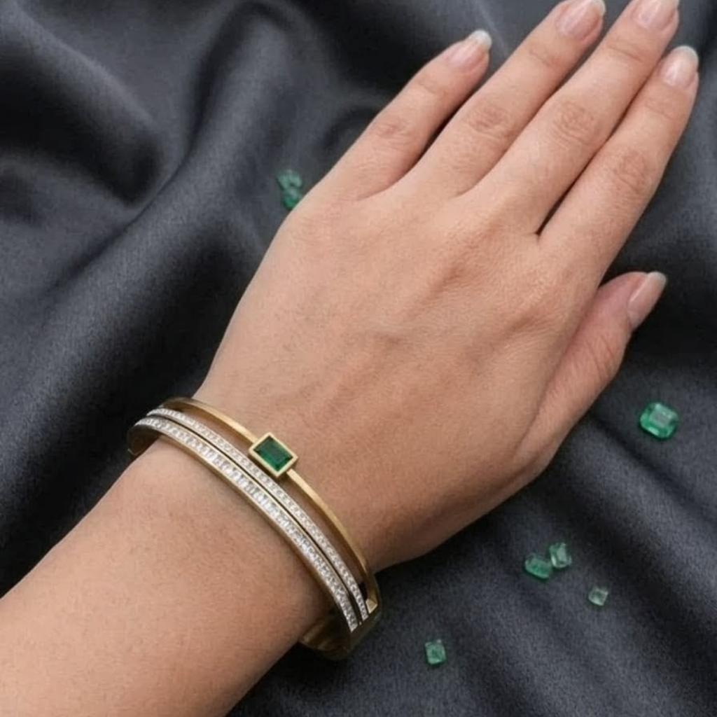 Luxury Gold Emerald Handcuff Bracelet for Women – Diamond Crystal Cuff Bangle | Premium Stainless Steel Designer Jewelry