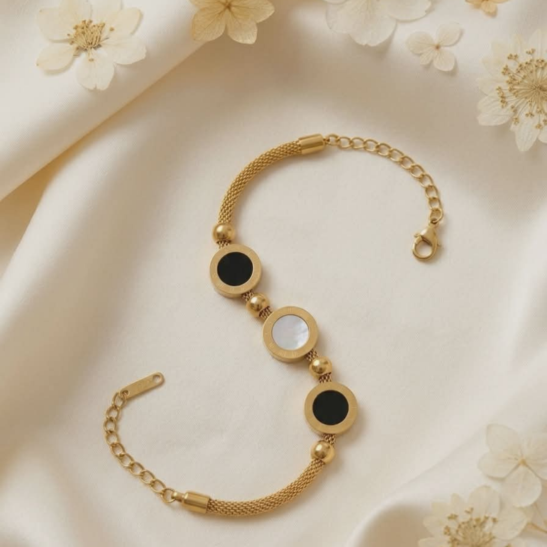 Elegant Gold Bracelet with Black & Mother-of-Pearl Inlay | Luxury Minimalist Chain Bracelet for Women | Adjustable Fashion Jewelry Gift
