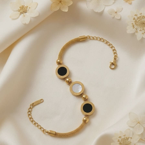 Elegant Gold Bracelet with Black & Mother-of-Pearl Inlay | Luxury Minimalist Chain Bracelet for Women | Adjustable Fashion Jewelry Gift