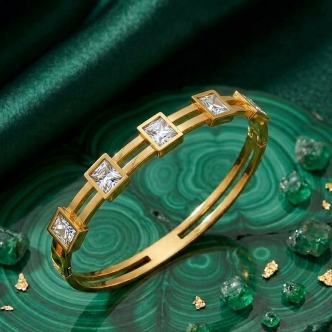 Luxury Gold Handcuff Bracelet for Women – Emerald & Crystal Stone Designer Jewelry | Premium Statement Accessory