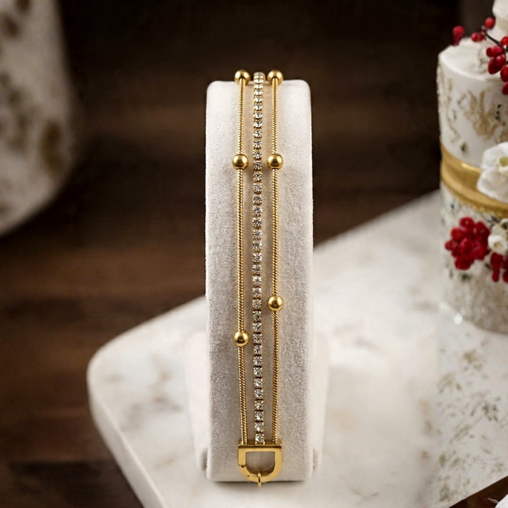 Elegant Gold Double Layer Bracelet with Crystal Accents | Adjustable Chain Bracelet for Women | Minimalist Luxury Jewelry Gift
