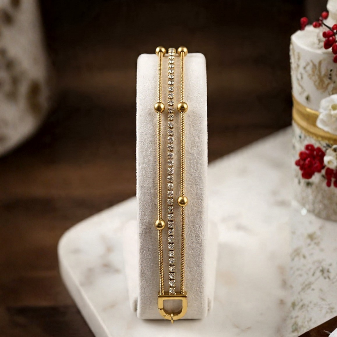 Elegant Gold Double Layer Bracelet with Crystal Accents | Adjustable Chain Bracelet for Women | Minimalist Luxury Jewelry Gift