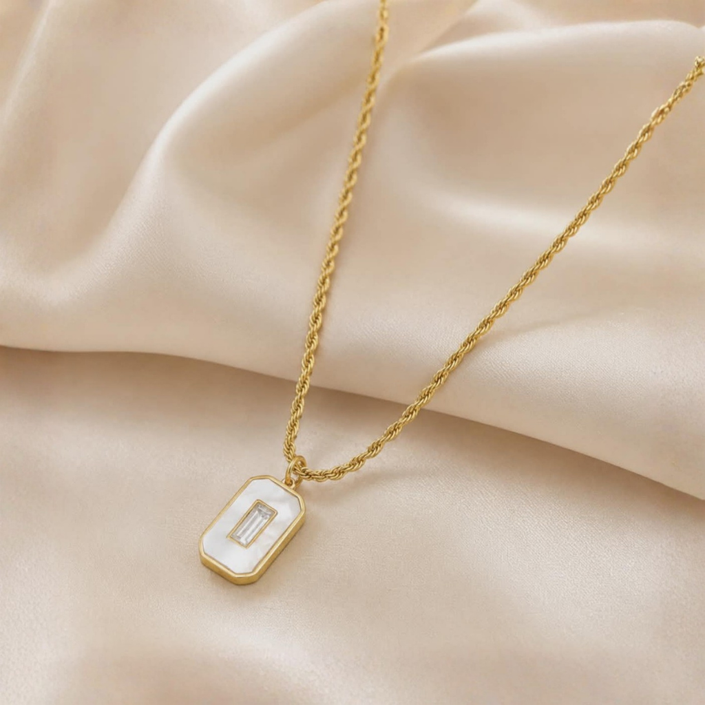 Elegant Luxe White Enamel Pendant Necklace with Baguette Crystal | Minimalist Gold Chain Jewelry for Women | Chic Geometric Statement Necklace