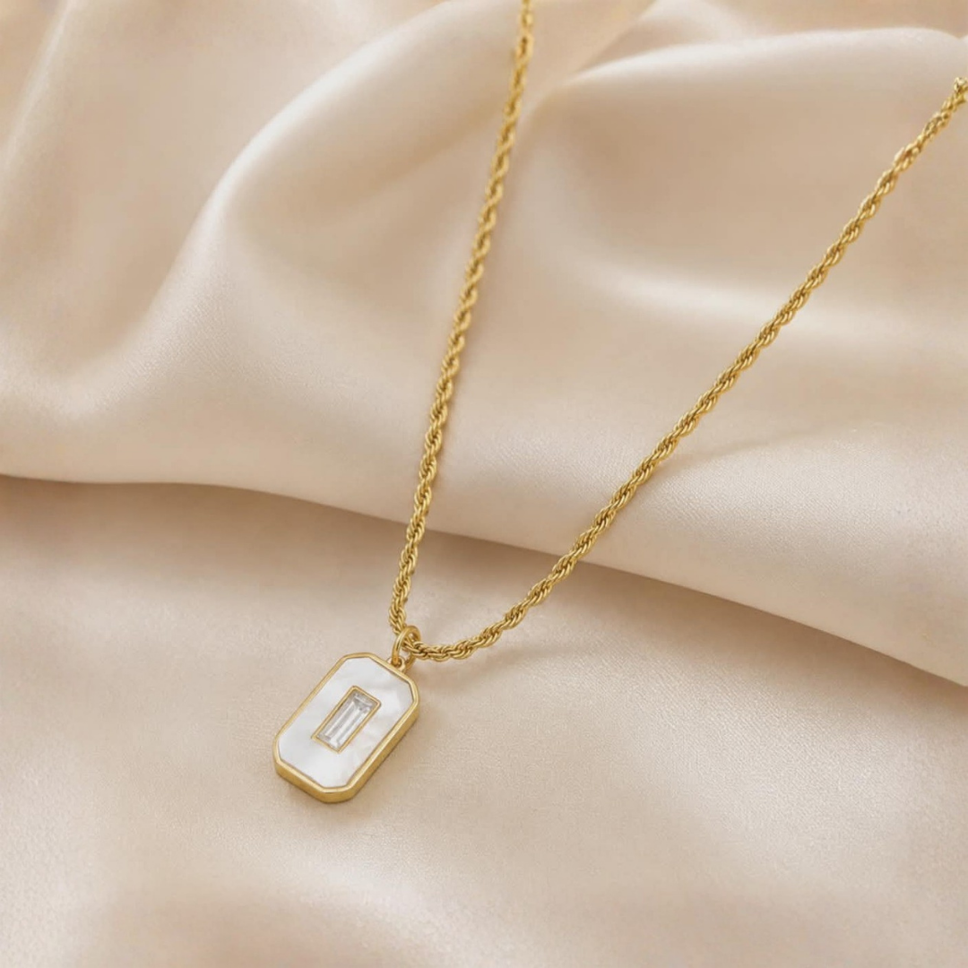 Elegant Luxe White Enamel Pendant Necklace with Baguette Crystal | Minimalist Gold Chain Jewelry for Women | Chic Geometric Statement Necklace