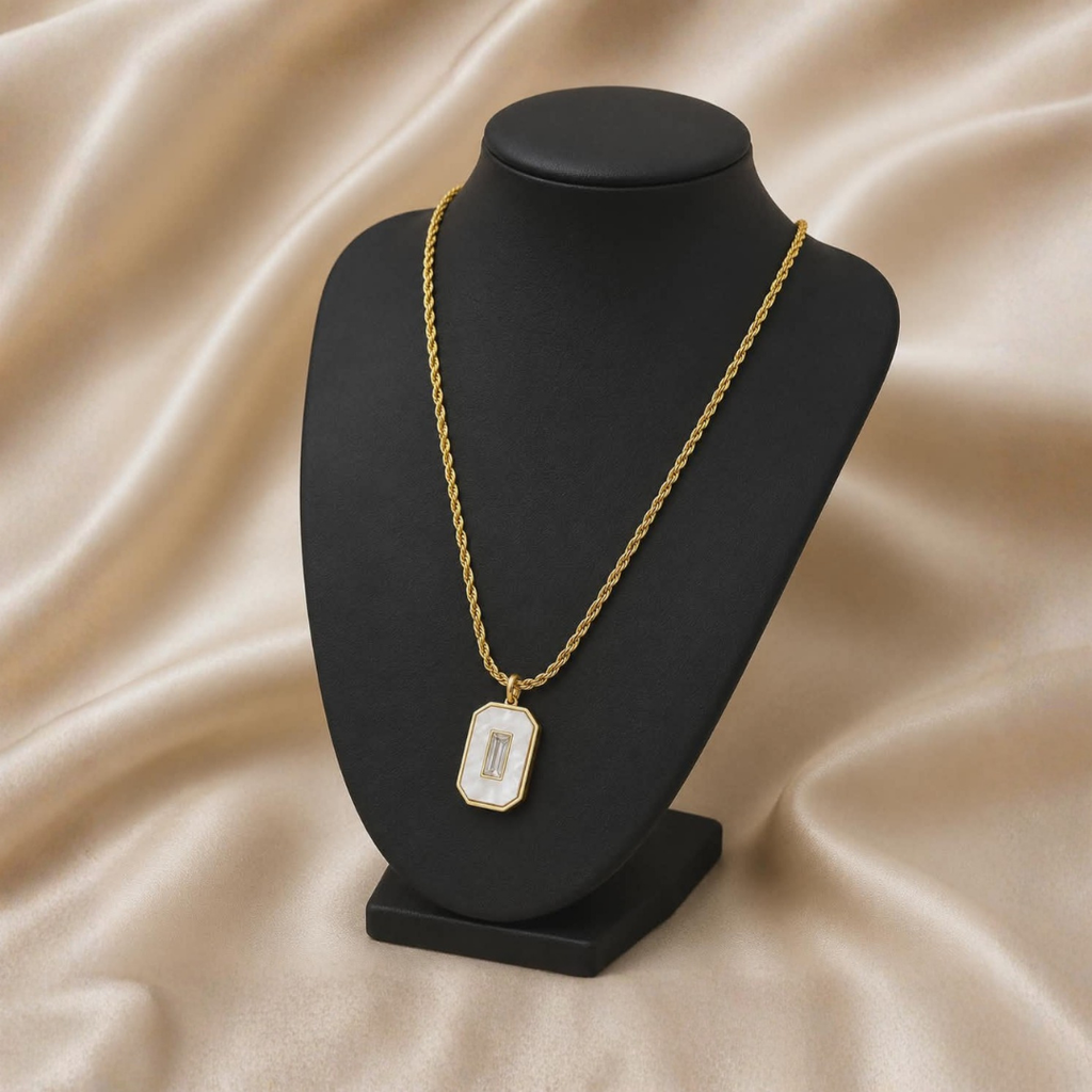 Elegant Luxe White Enamel Pendant Necklace with Baguette Crystal | Minimalist Gold Chain Jewelry for Women | Chic Geometric Statement Necklace