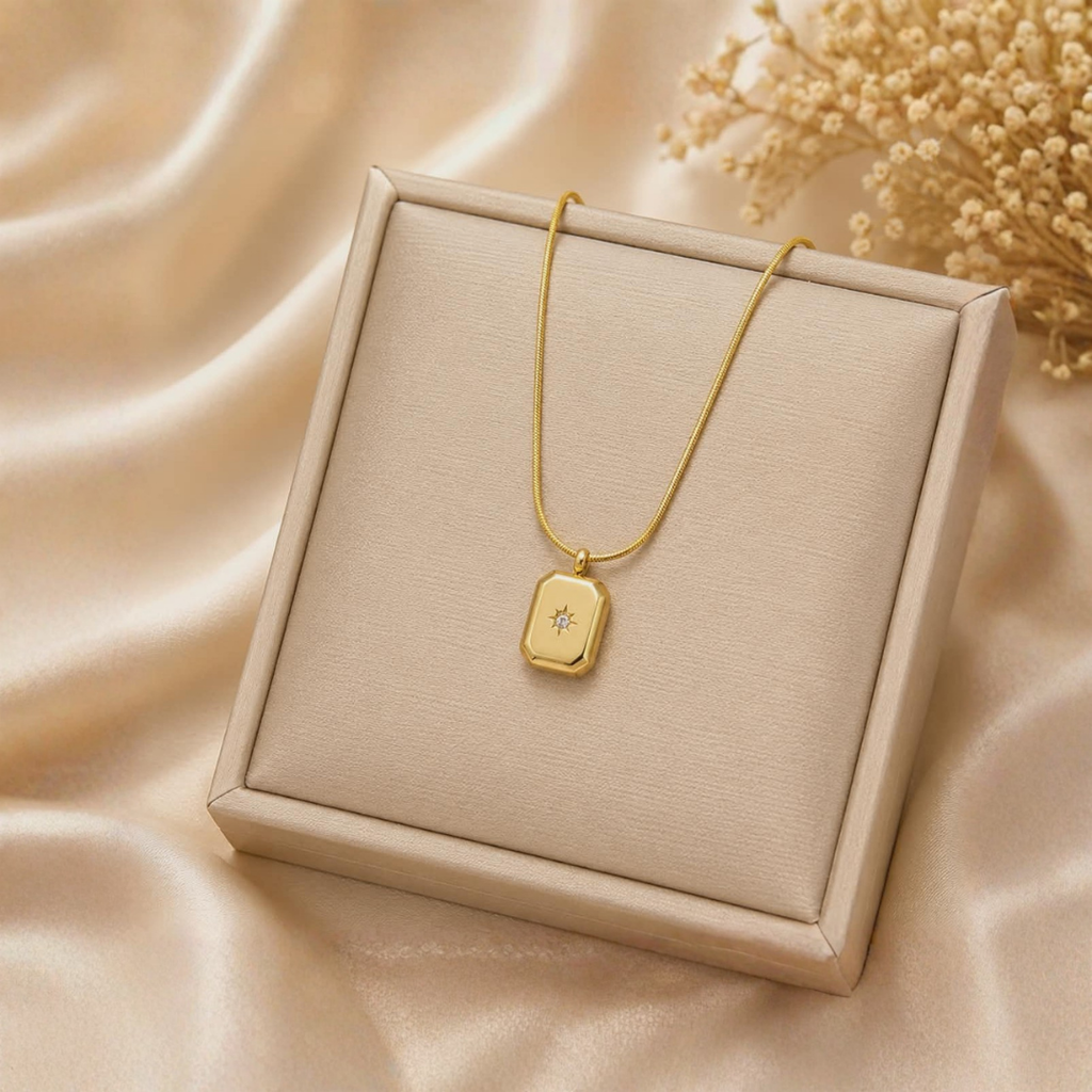 Celestial Gold Pendant Necklace with Sparkling Star Crystal | Minimalist Luxury Snake Chain Necklace for Women | Elegant Everyday Jewelry Gift