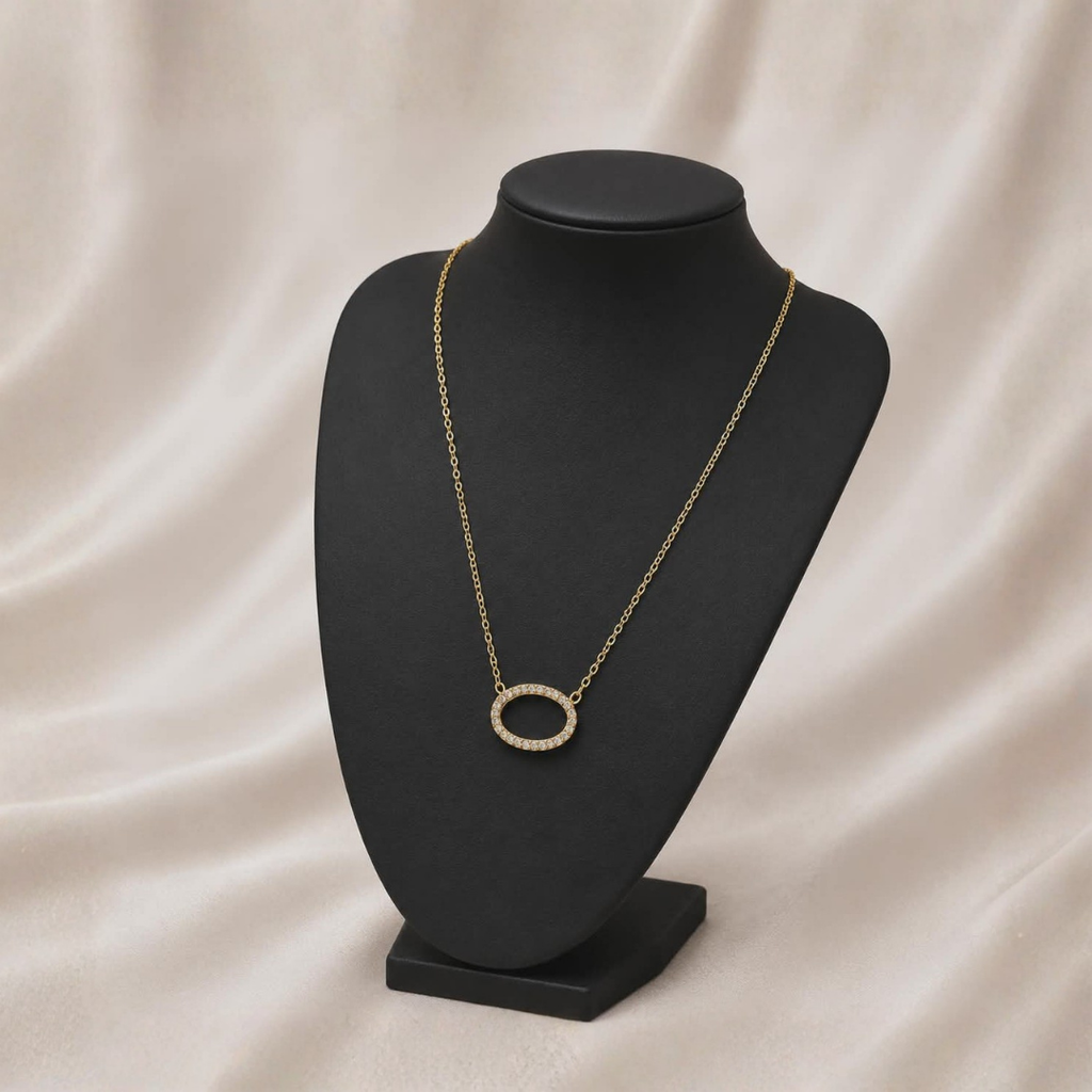 Elegant Gold Oval Halo Necklace with Sparkling Crystal Accents | Minimalist Dainty Chain Necklace for Women | Luxury Everyday Jewelry