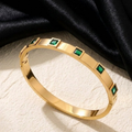 Luxury Gold Square Crystal Handcuff Bracelet for Women – Emerald & Diamond Stone Cuff Bracelet .