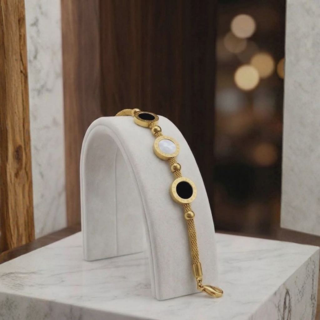 Elegant Gold Bracelet with Black & Mother-of-Pearl Inlay | Luxury Minimalist Chain Bracelet for Women | Adjustable Fashion Jewelry Gift