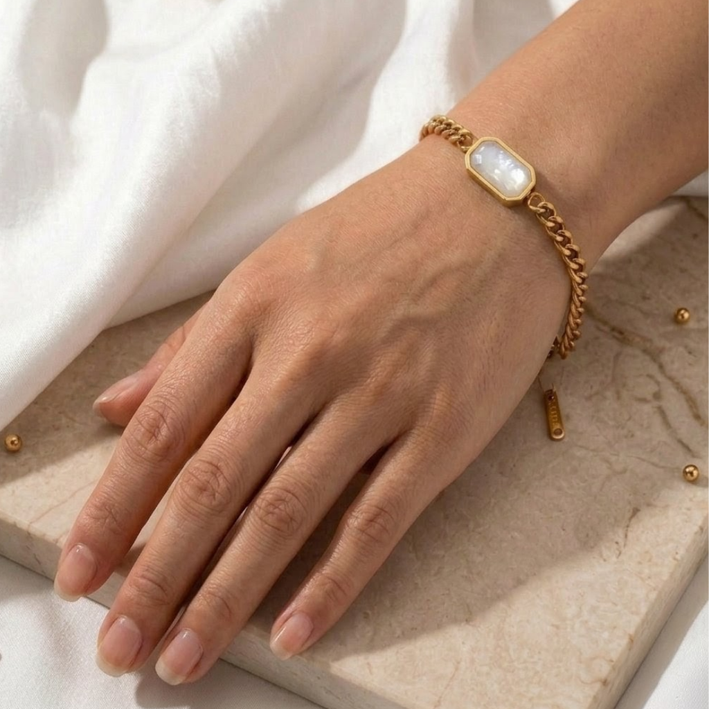 Luxury Gold Stainless Steel Chain Bracelet with Black & White Stone Inlay – Minimalist Geometric Charm, Tarnish-Resistant, Adjustable Link Jewelry for Women