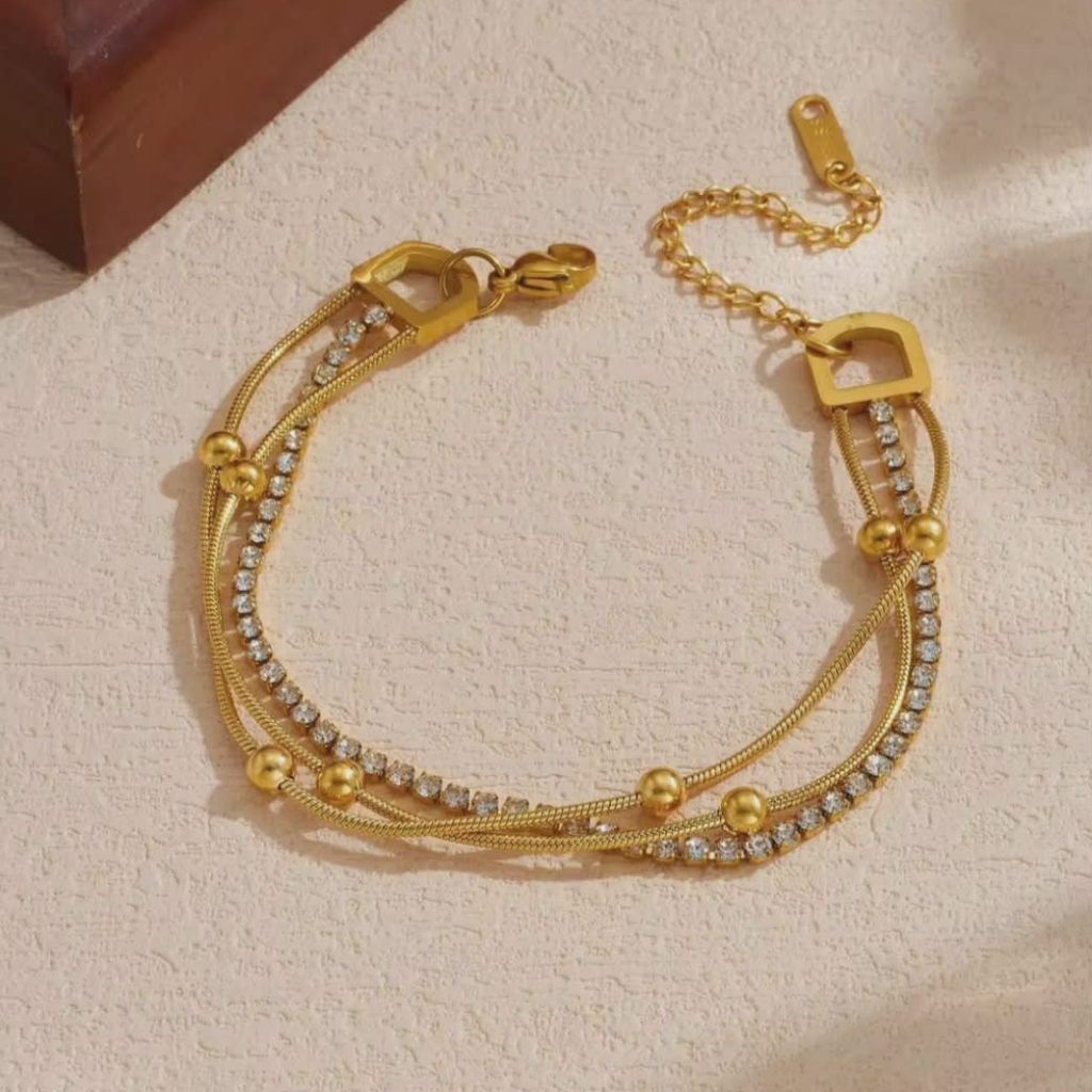 Elegant Gold Double Layer Bracelet with Crystal Accents | Adjustable Chain Bracelet for Women | Minimalist Luxury Jewelry Gift