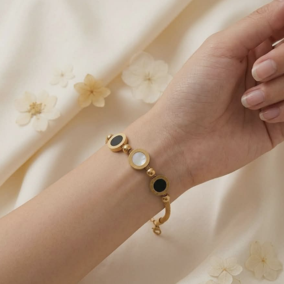Elegant Gold Bracelet with Black & Mother-of-Pearl Inlay | Luxury Minimalist Chain Bracelet for Women | Adjustable Fashion Jewelry Gift