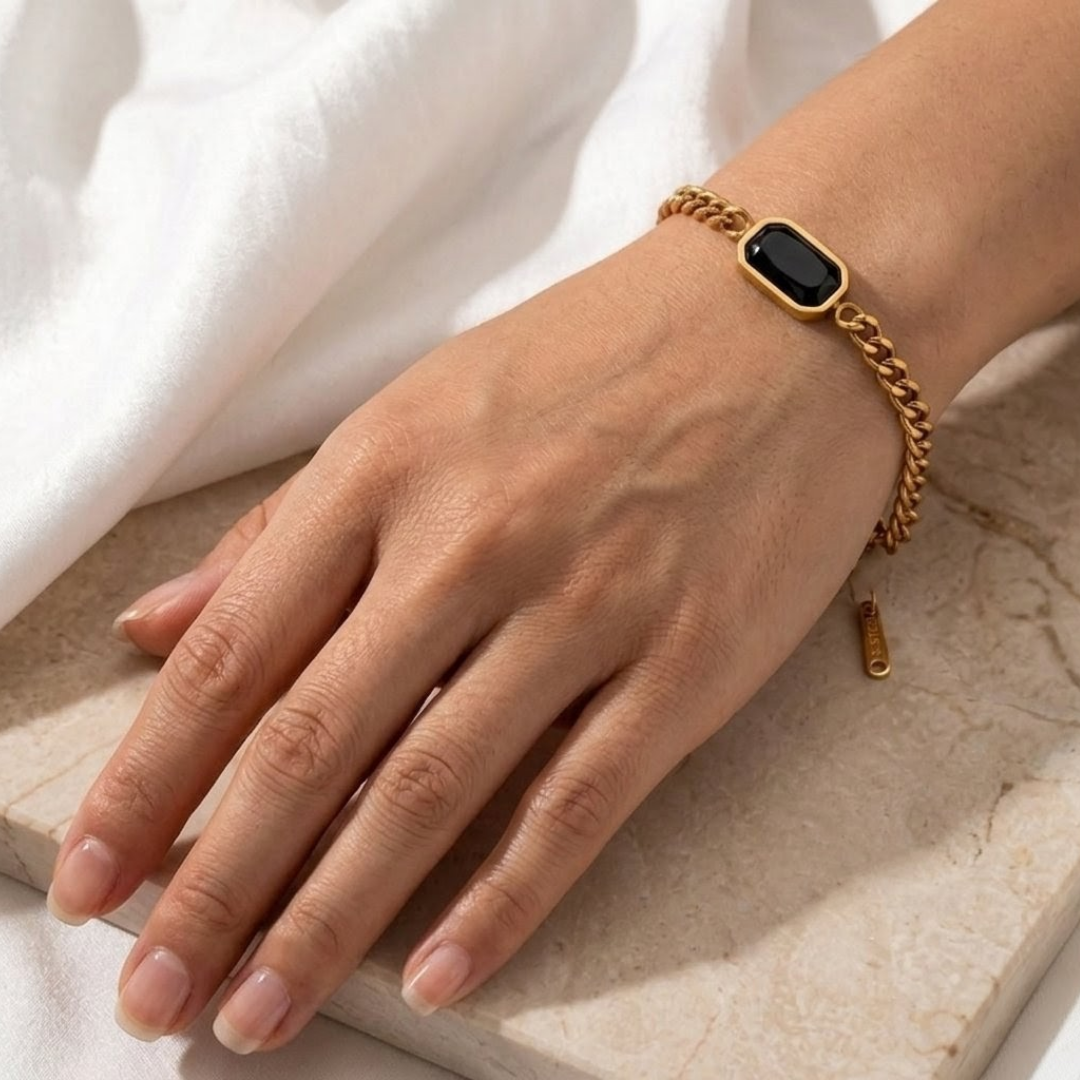 Luxury Gold Stainless Steel Chain Bracelet with Black & White Stone Inlay – Minimalist Geometric Charm, Tarnish-Resistant, Adjustable Link Jewelry for Women