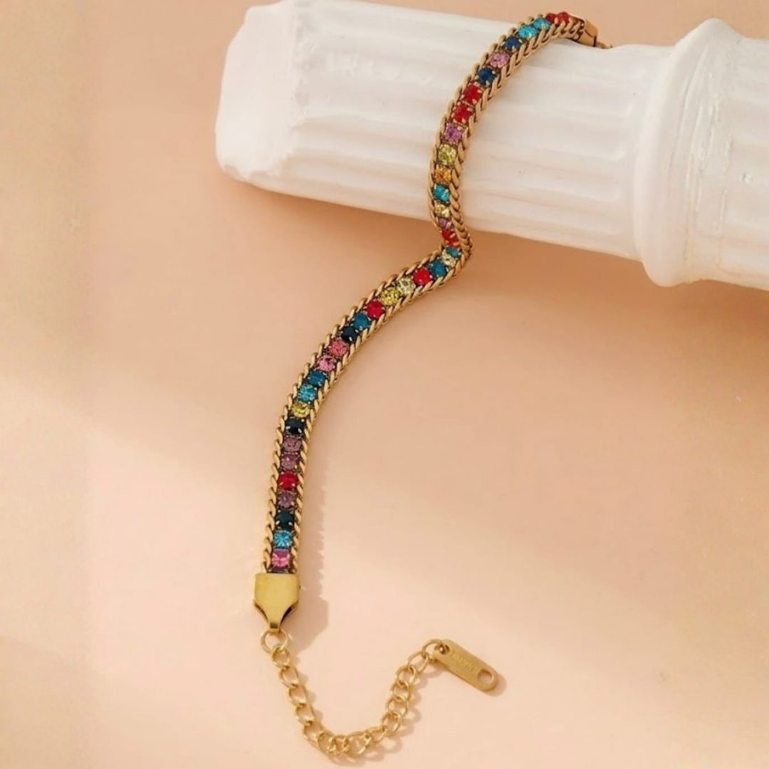 Luxe Crystal Inlaid Adjustable Tennis Bracelet –  Gold Plated Curb Chain Link Bracelet for Women (Multicolor, Black, Clear Variations)