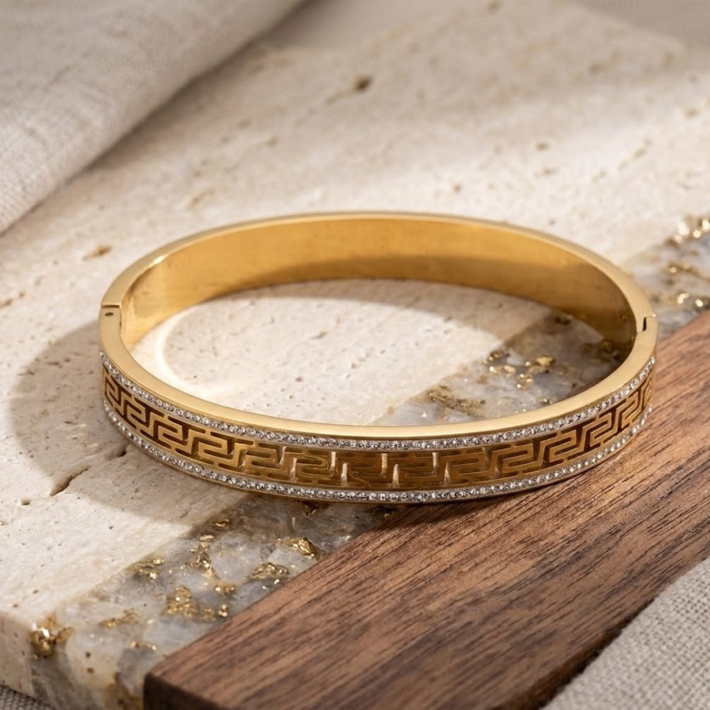 Luxury Greek Key Gold Handcuff Bracelet for Women – Crystal Cuff Bangle | Premium Stainless Steel Designer Bracelet