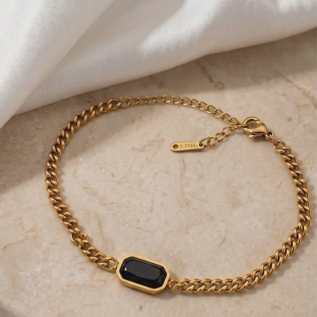 Luxury Gold Stainless Steel Chain Bracelet with Black & White Stone Inlay – Minimalist Geometric Charm, Tarnish-Resistant, Adjustable Link Jewelry for Women