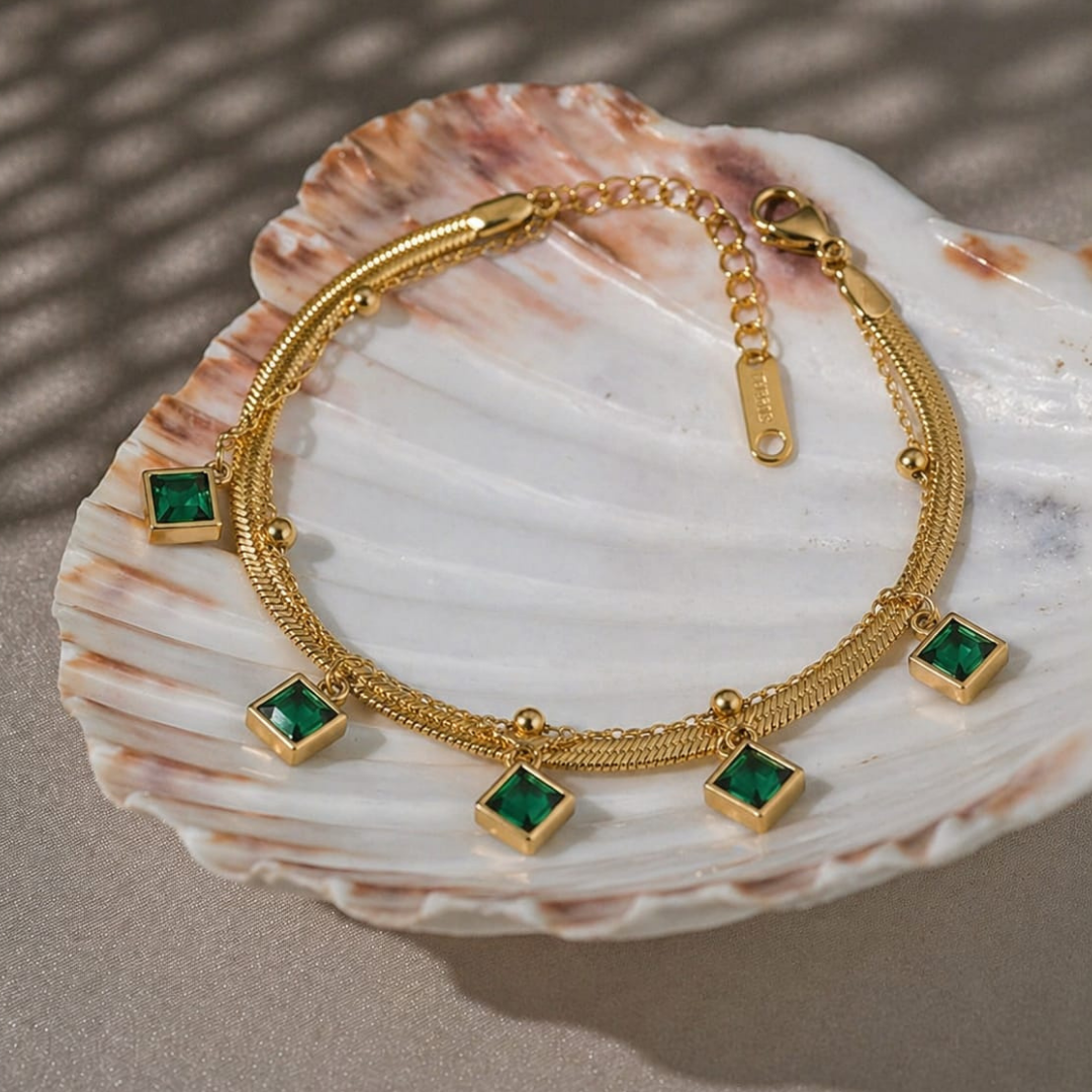Elegant Gold Plated Emerald Charm Bracelet for Women – Luxury Adjustable Snake Chain Anklet Style Bracelet, Trendy Square Green Crystal Fashion Jewelry Gift