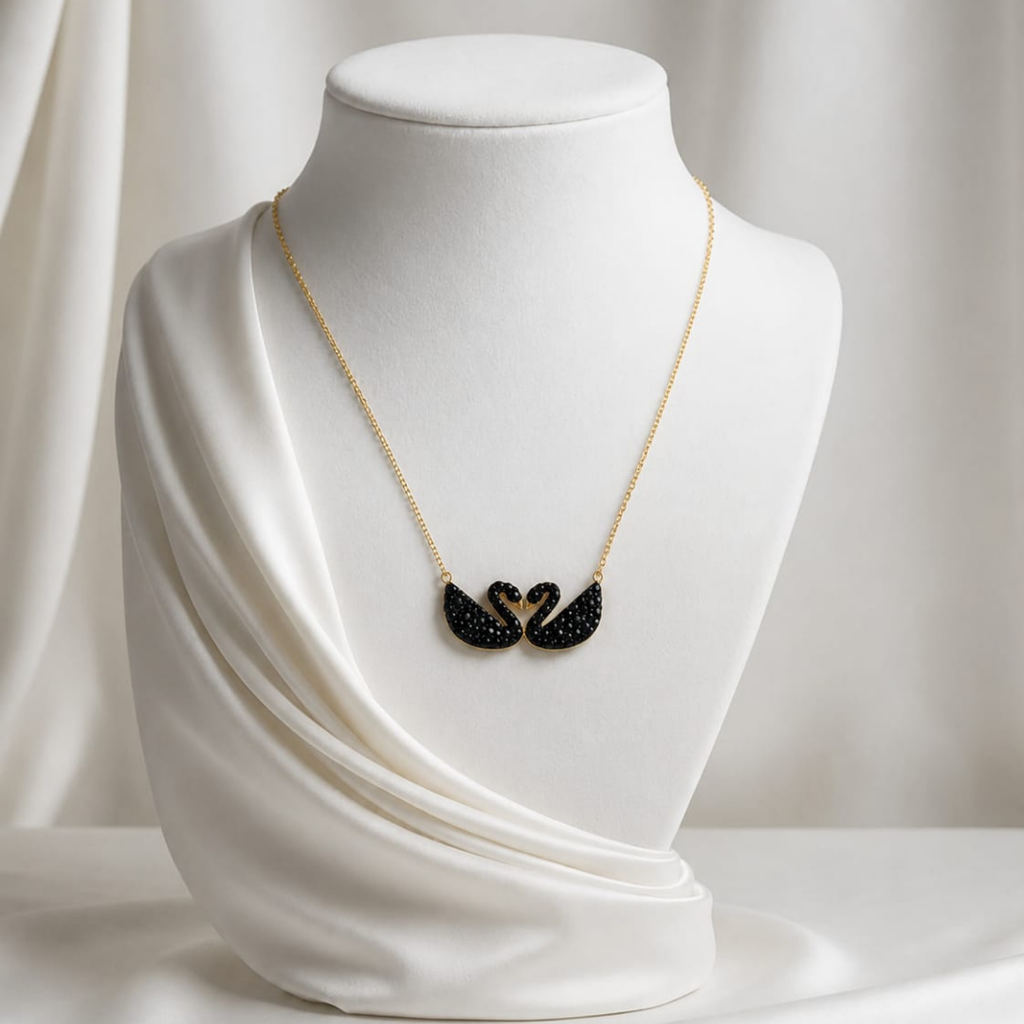 Elegant Dual Black Swan Pendant Necklace – Gold Plated Artificial Jewelry for Women