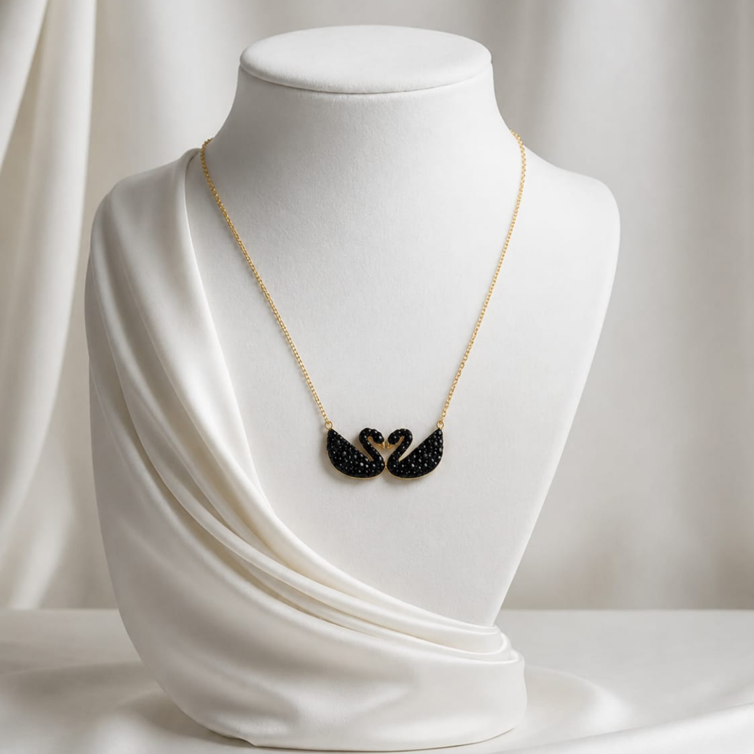 Elegant Dual Black Swan Pendant Necklace – Gold Plated Artificial Jewelry for Women