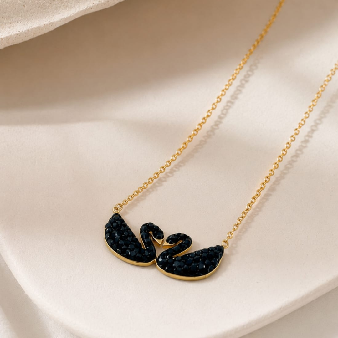 Elegant Dual Black Swan Pendant Necklace – Gold Plated Artificial Jewelry for Women