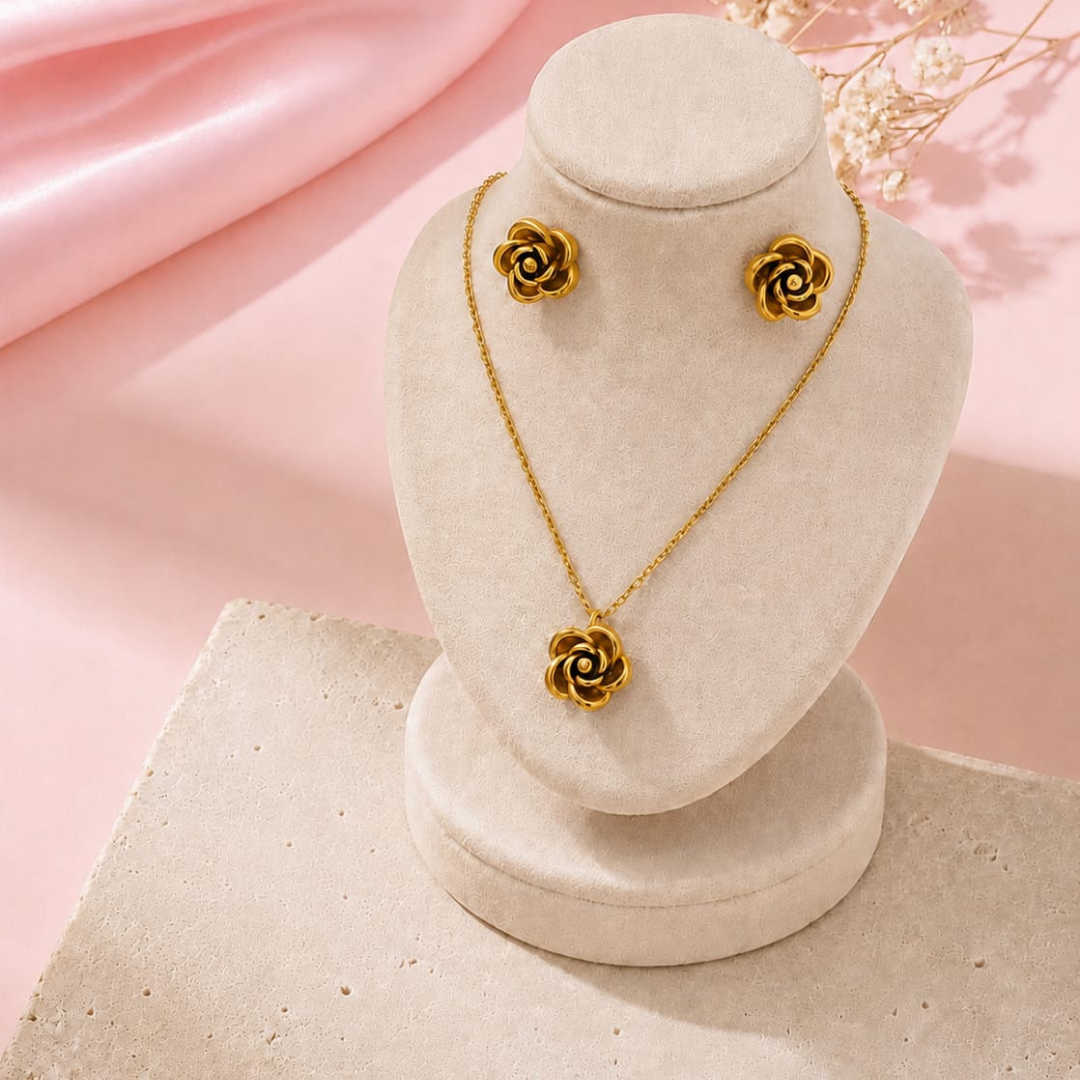 Vintage Matte Gold Rose Pendant Necklace & Stud Earrings Set | Romantic Floral Jewelry