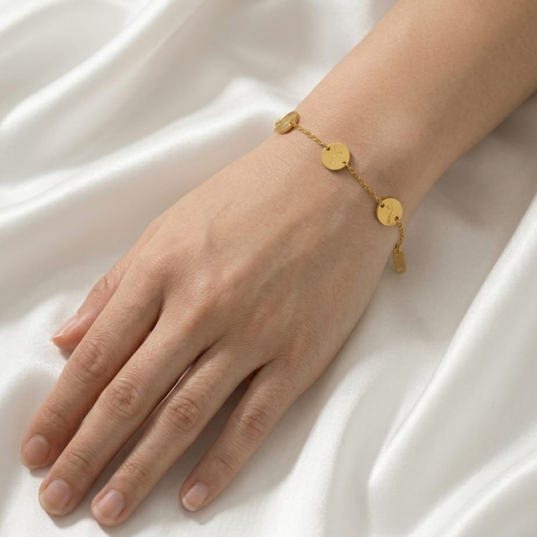 Gold Plated Engraved Disc Charm Bracelet | Minimalist Dainty Chain Jewelry