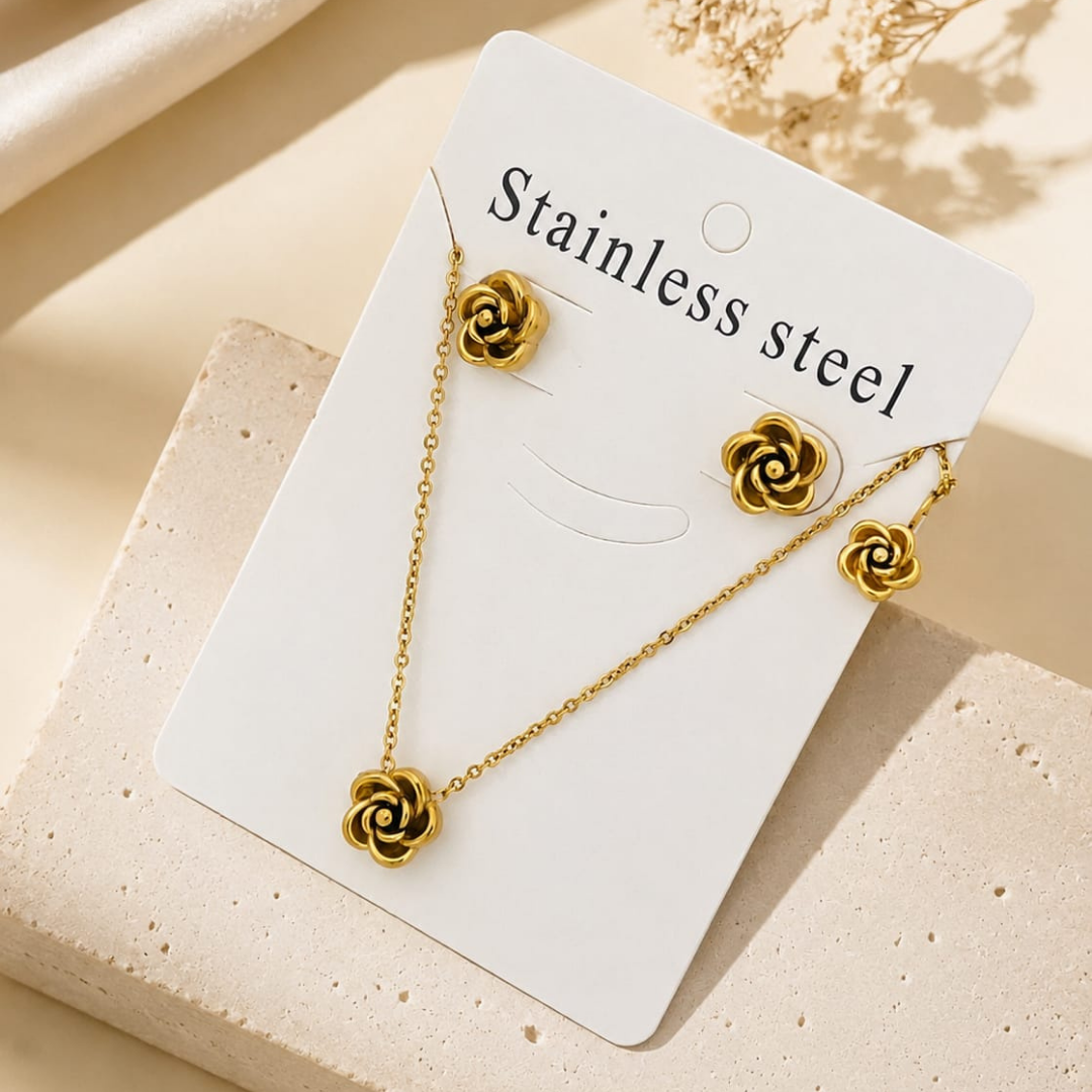 Vintage Matte Gold Rose Pendant Necklace & Stud Earrings Set | Romantic Floral Jewelry