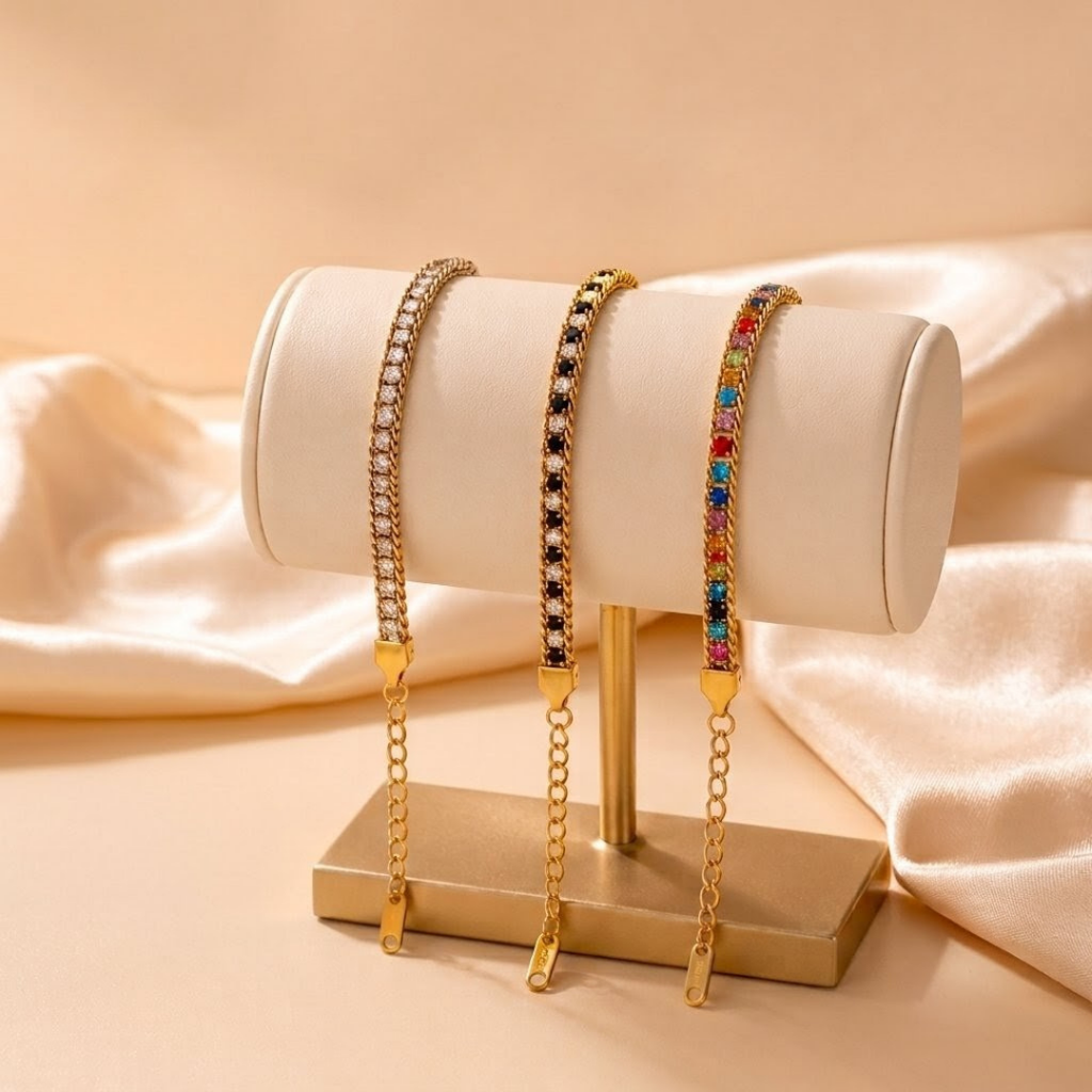 Luxe Crystal Inlaid Adjustable Tennis Bracelet –  Gold Plated Curb Chain Link Bracelet for Women (Multicolor, Black, Clear Variations)