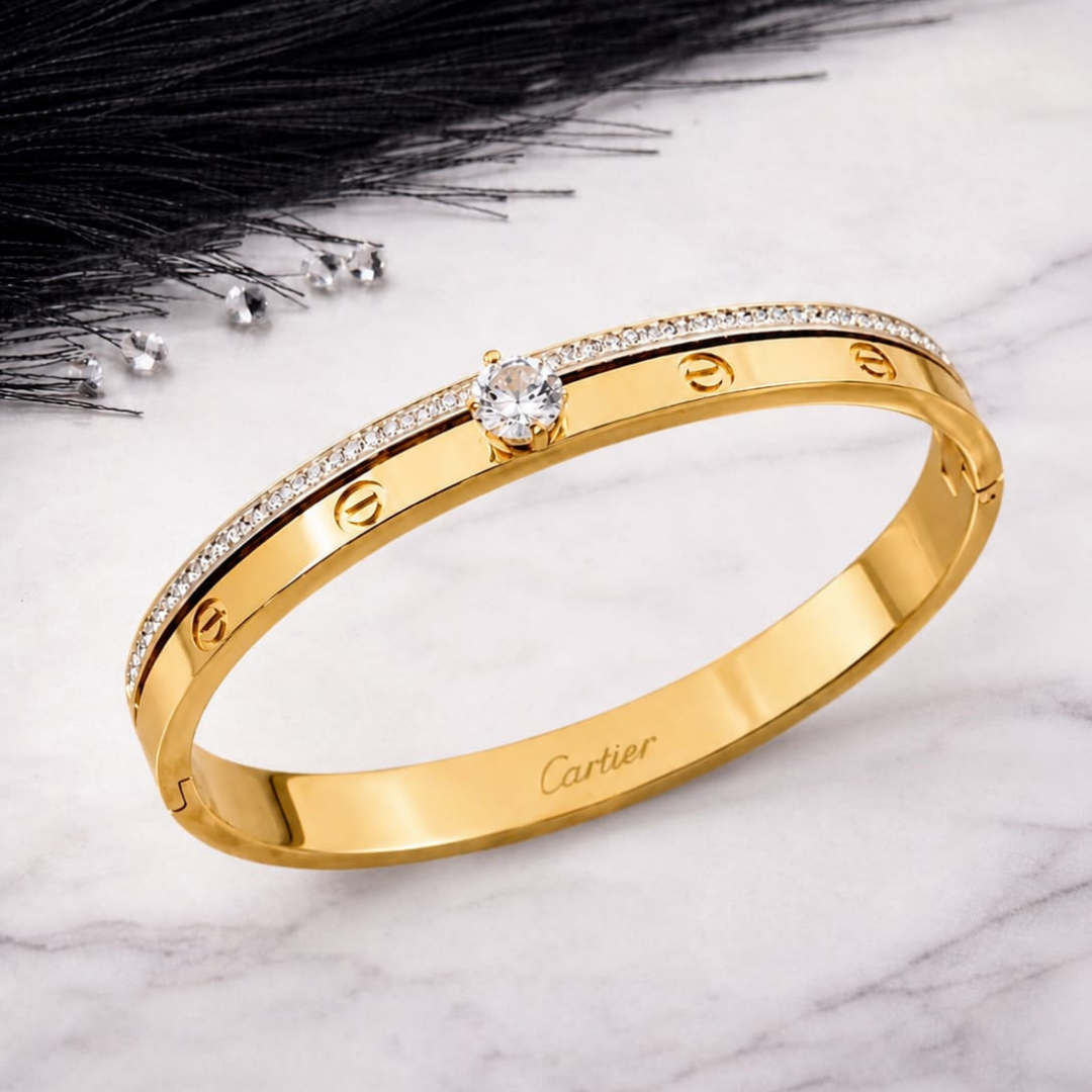 Elegant Gold-Plated Zircon Accent Screw Motif Bangle Handcuff