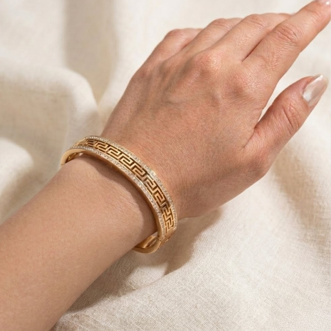 Luxury Greek Key Gold Handcuff Bracelet for Women – Crystal Cuff Bangle | Premium Stainless Steel Designer Bracelet