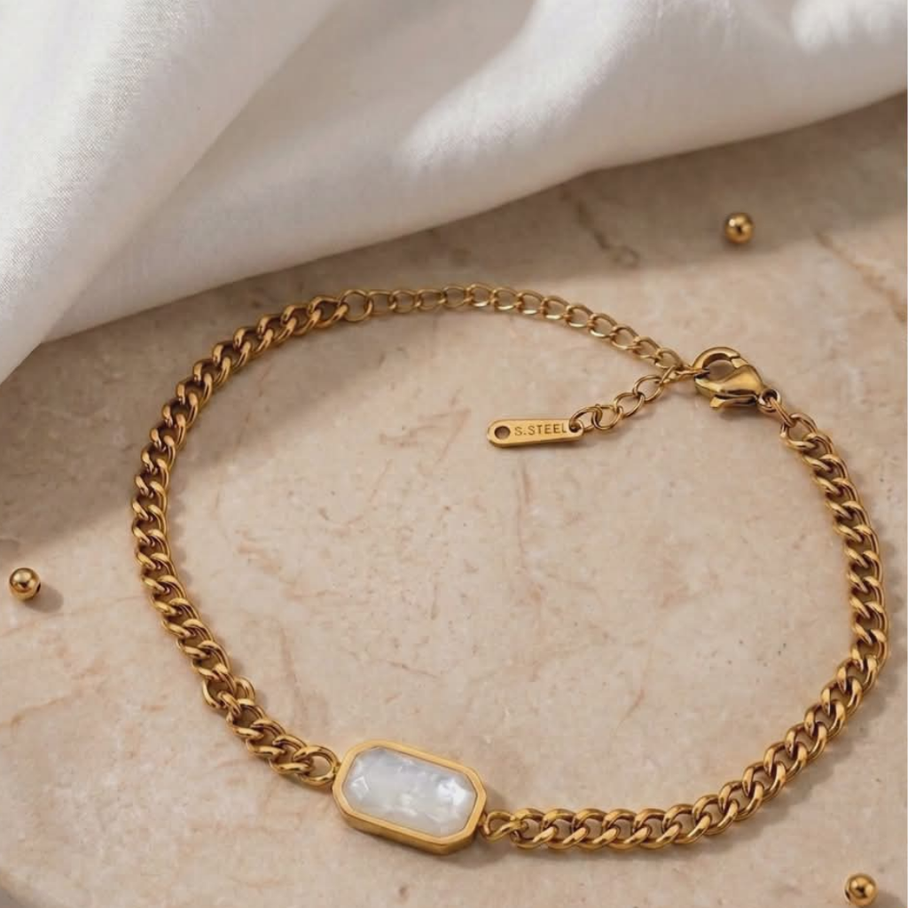 Luxury Gold Stainless Steel Chain Bracelet with Black & White Stone Inlay – Minimalist Geometric Charm, Tarnish-Resistant, Adjustable Link Jewelry for Women