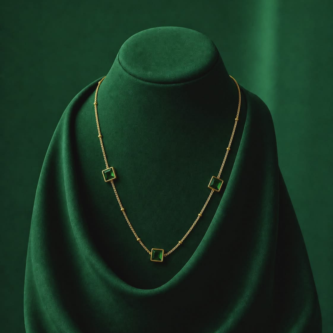 Elegant  Gold Plated Emerald Green Square Gemstone Necklace – Timeless Minimalist Jewelry