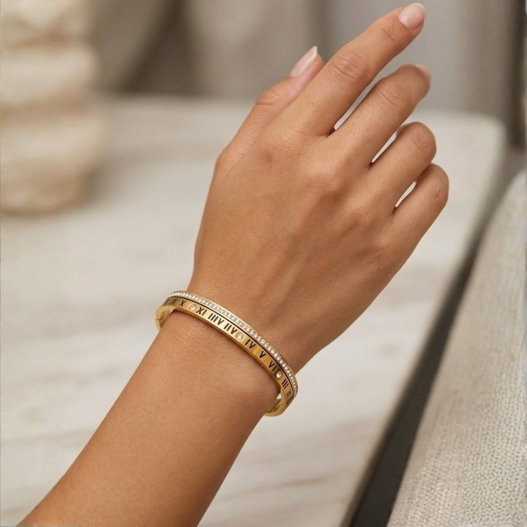 Luxury Roman Numeral Gold Handcuff Bracelet – Crystal Studded Stainless Steel Open Cuff Bangle for Women & Girls
