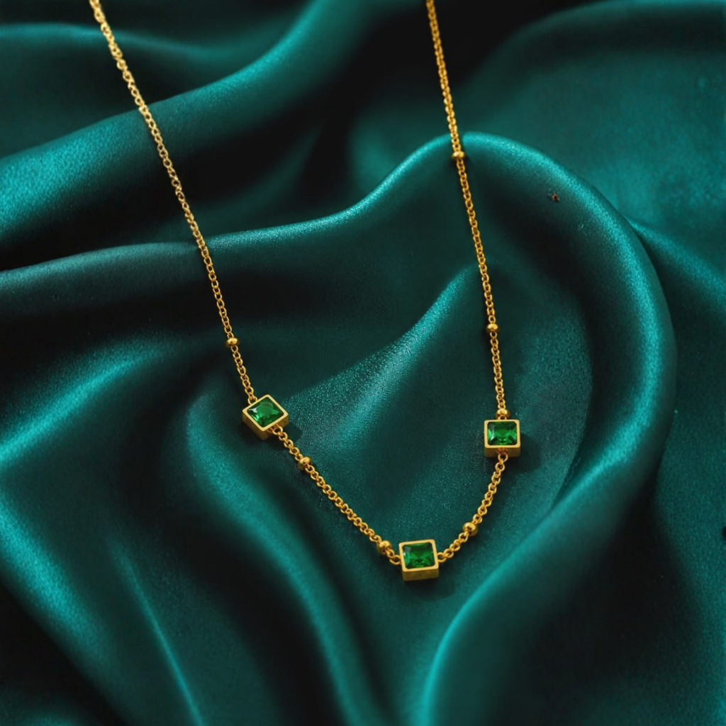 Elegant  Gold Plated Emerald Green Square Gemstone Necklace – Timeless Minimalist Jewelry