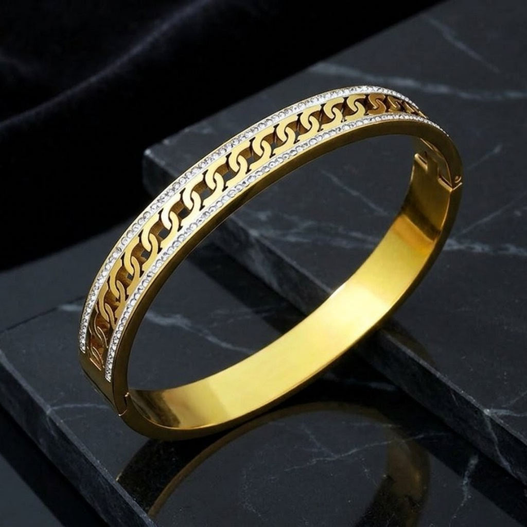 Luxury Gold Chain Design Handcuff Bracelet – Crystal Stainless Steel Open Cuff Bangle for Women