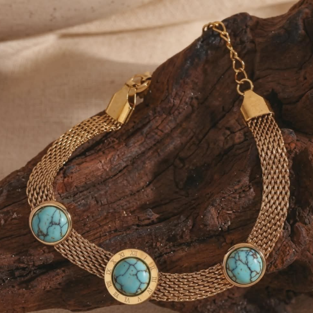 Luxury Gold Mesh Chain Turquoise Stone Bracelet for Women | Elegant Adjustable Boho Chic Statement Jewelry Gift